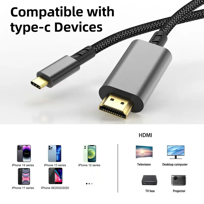 Durable Wired USB-C to HDMI Connector Cable, Gold-Plated Plug Aluminum Type-C Cord, Thunderbolt 3/4/5 Compatible, 6ft Plug-and-Play for iPhone 15/16 Series, TV Screen Casting Electronics Accessories for MacBook