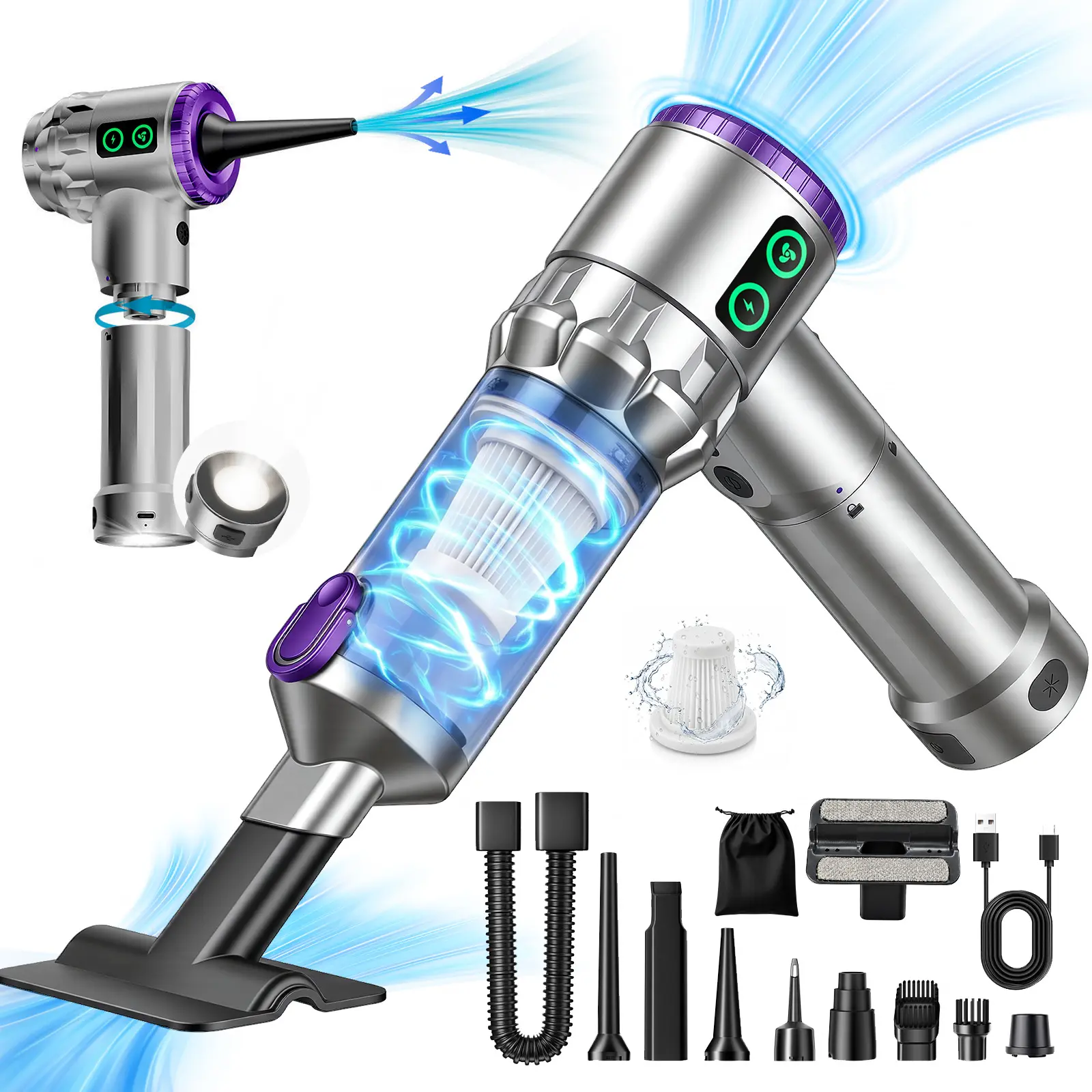 Cordless Air Duster & Mini Vacuum 2-in-1, Rechargeable Electric Compressed Air Blower with Multiple Nozzles, Portable Cleaning Vacuum for Car, Keyboard, Home & Electronics