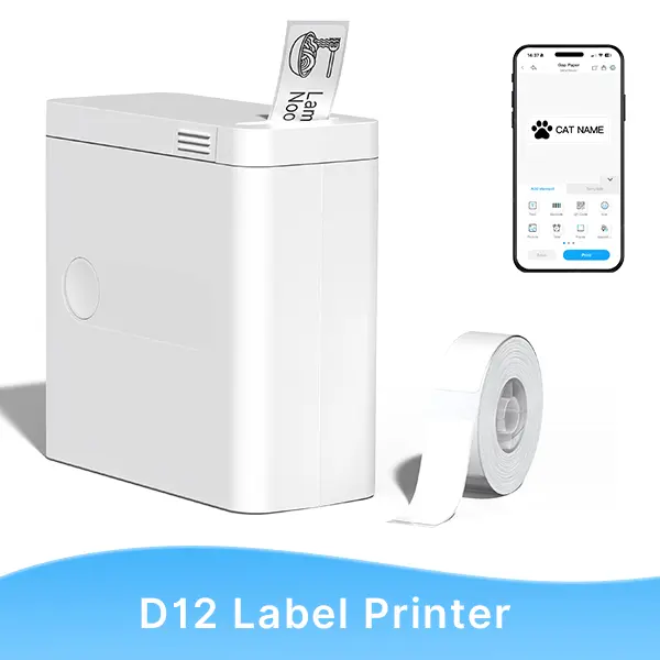 Portable Bluetooth Label Printer, D12 Wireless Handheld Printer with Tape Mini Sticker Maker for Barcodes Storage Office & Home Organization Thermal Printer