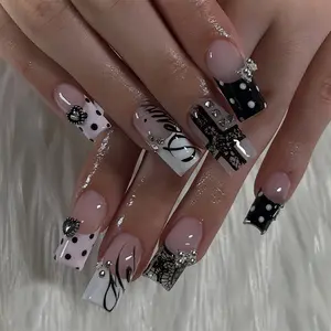 24-Piece Square Fake Nail Art Set, Dark Style Press-On Nails with Rhinestones, Black Polka Dots, Metallic Hearts and Hollow Spider-Web French Tips, Ideal for Parties and Daily Wear