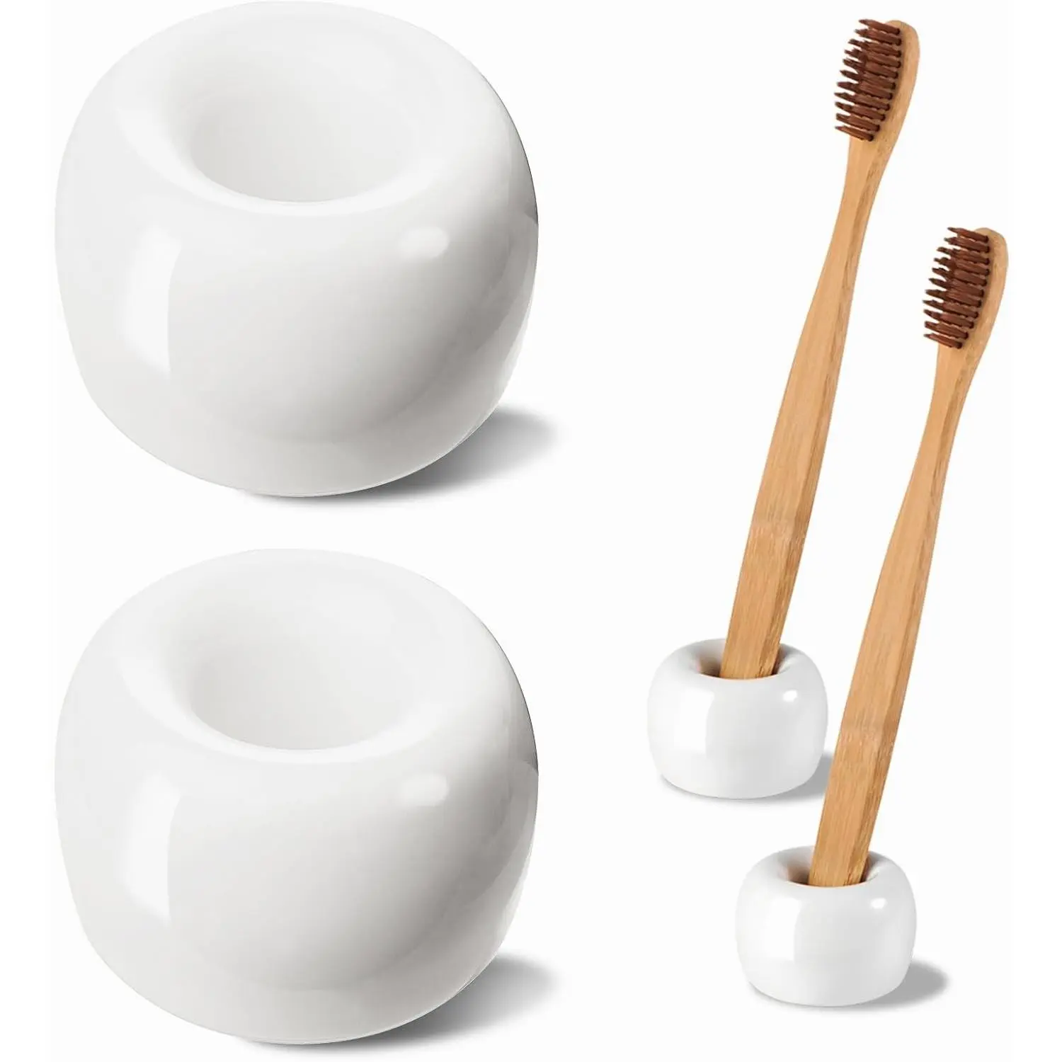 White Mini Ceramic 2 Toothbrush Holders - Handmade Modern 2-Piece Set, Portable Space-Saving Bathroom Organizer for Vanity Countertop, Travel Users
