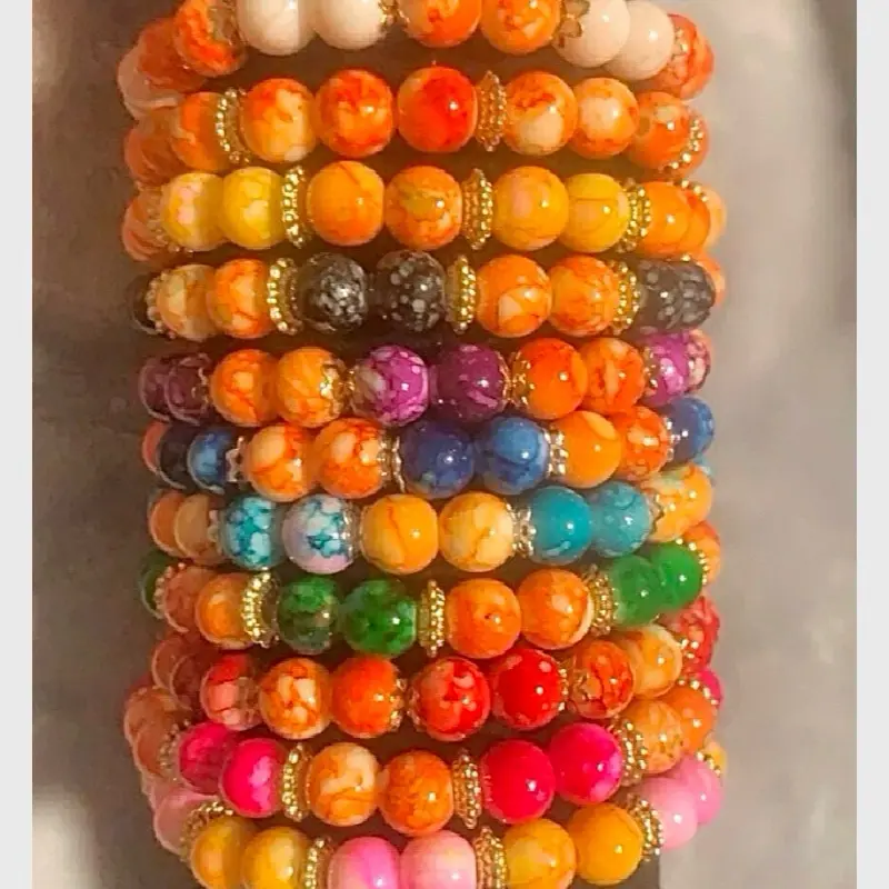 Orange Marble 8mm Beaded Bracelet - Colorful Beads with Unique Designs and Decorative Element