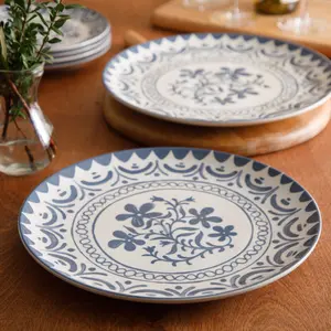 2-Piece 13 Inch Serving Platter Set - Stoneware - Valencia Flor - Iris Blue