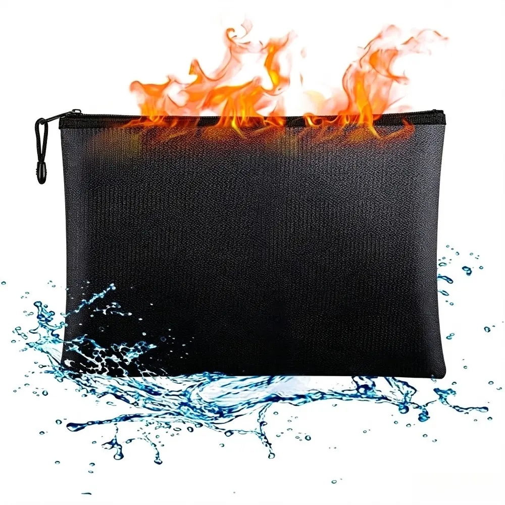 S L Silicone Fiberglass Fireproof Document Bag - 11.42”x7.87” Durable Pouch, High Temperature Resistant, Leakproof, Foil Pack Storage Bag with Hose-Proof Zip, Handy Home Organizer for Documents, Cash (Black)