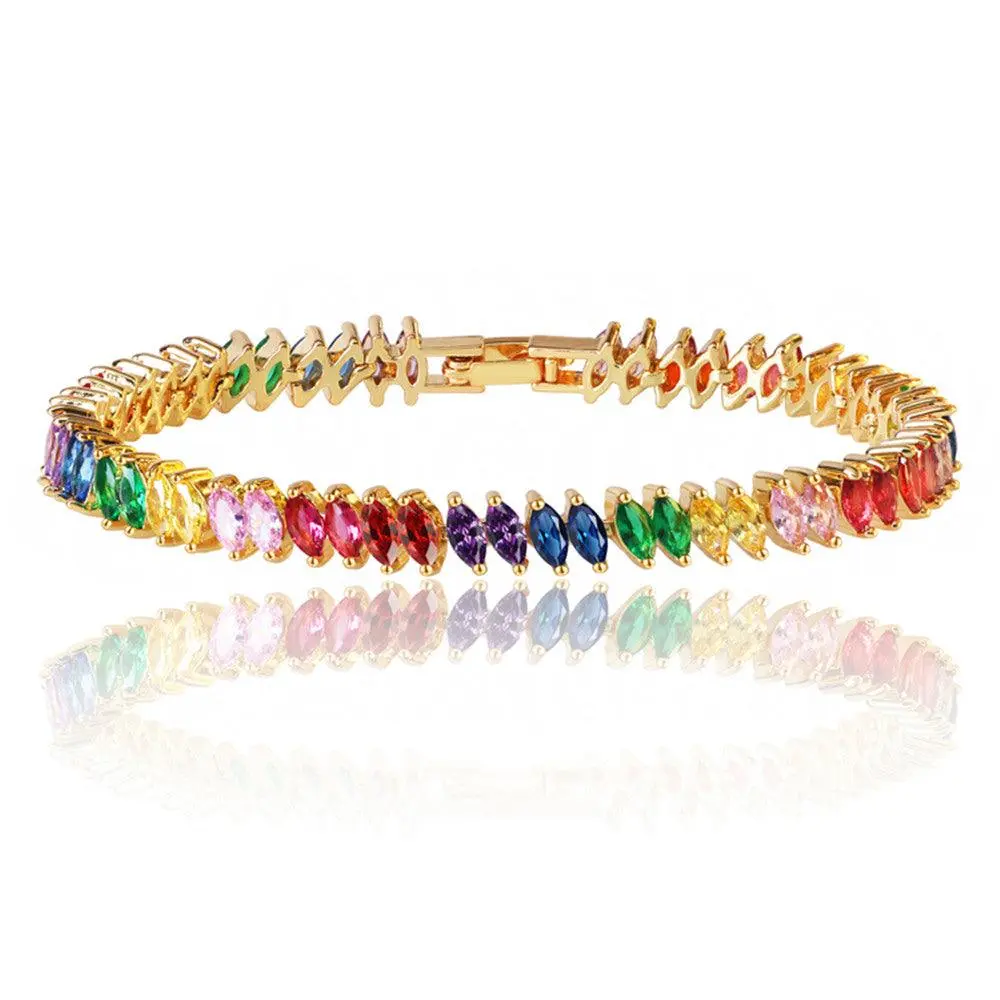 Rainbow Cubic Zirconia Tennis Bracelet in Gold with Rainbow Marquise Stones