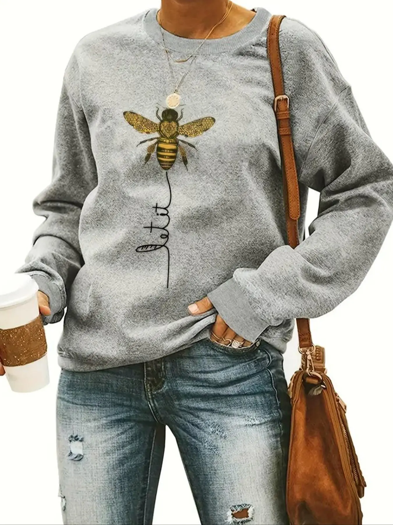 Women's Bee Print Drop Shoulder Sweatshirt, Casual Long Sleeve Round Neck Pullover for Fall & Winter, Ladies Clothes for Daily Wear