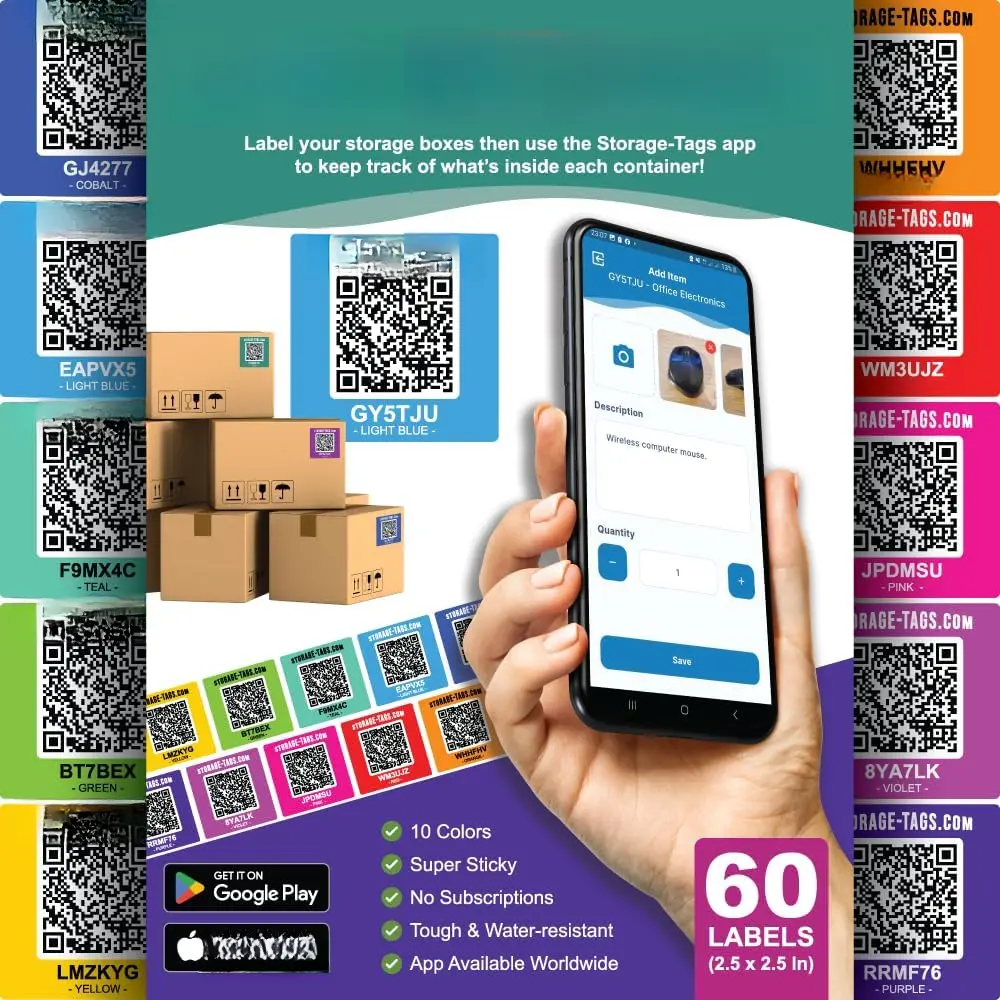 60-Piece Multicolored Scannable QR Code Storage Tags Stickers, Home Organizer Labels for Totes/Storage Bins, Moving Helper with Inventory Tracking & Equipment/Tools Monitoring, Android & iOS App Compatible