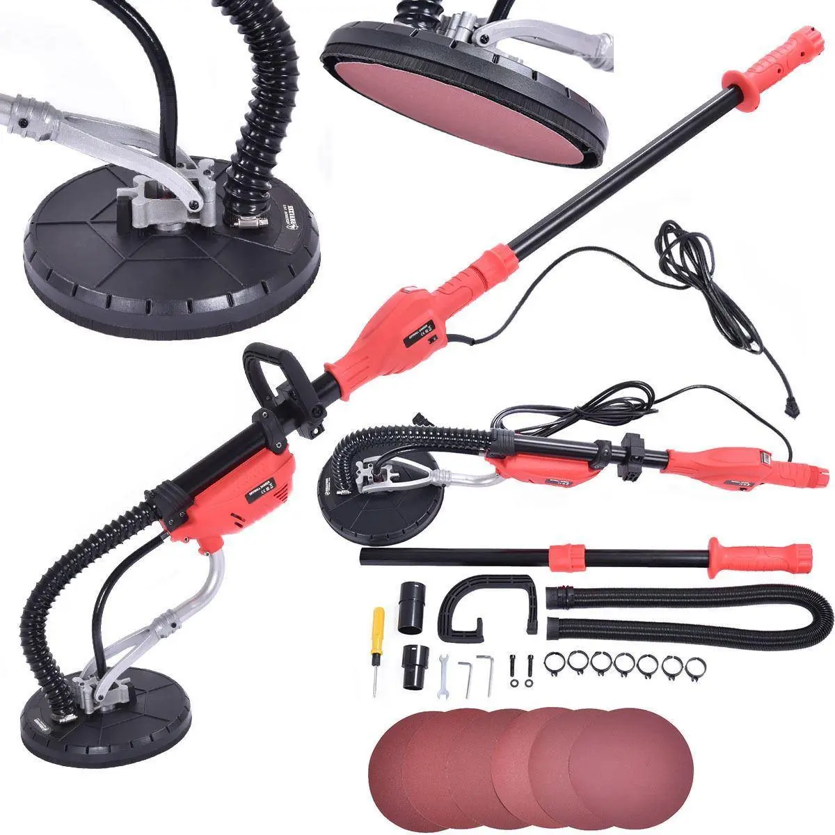 212 MAIN Heavy Duty Commercial Electric Drywall Sander Power Tool Kit, 750W Power, Adjustable Variable Speed Pad, Ergonomic Handle, 6 Sanding Discs