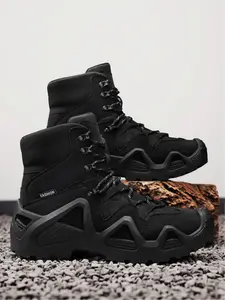 1 Pair of Men's High-Top Functional Outdoor Hiking Boots | Hardcore Workwear Style | Suede & Mesh Upper + High-Top Ankle Support + Anti-Slip PVC Sole | Hiking/Outdoor Trips, Must-Have Durable Comfort Boots for Trendsetters