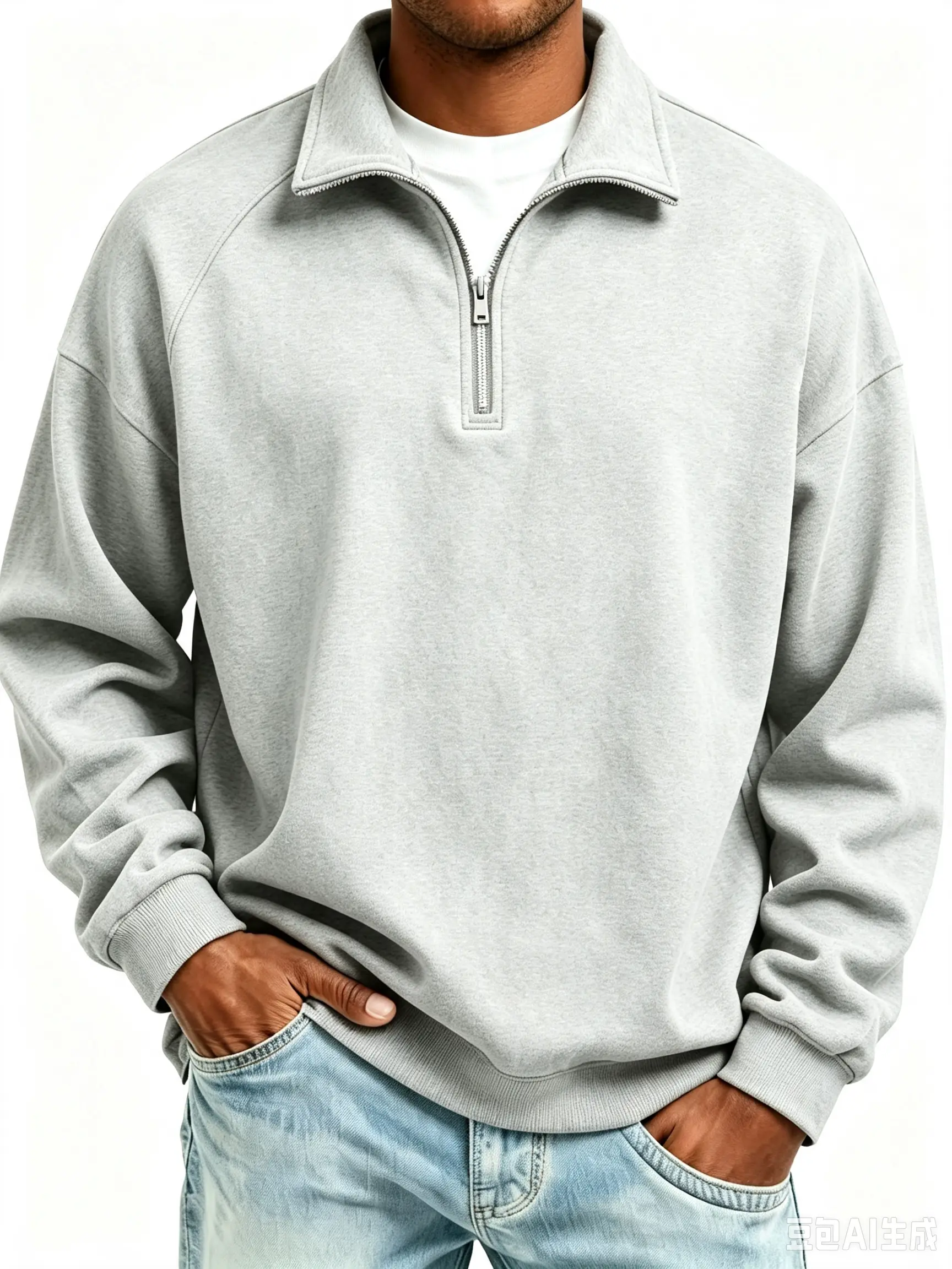 Menswear Quarter-Zip Long-Sleeve Stand Collar Adjustable Neck Relaxed Fit Plain Pullover Sweatshirt, Basic Streetwear Top for Casual Hangout, Jogging