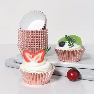 100pcs Rose Golden Aluminum Foil Paper Cake Liner Oil Resistant and Waterproof Cake Mold Cupcake Liner Paper Baking Cup Box Suitable for Valentine's Day Birthday Parties Indoor and Outdoor Parties