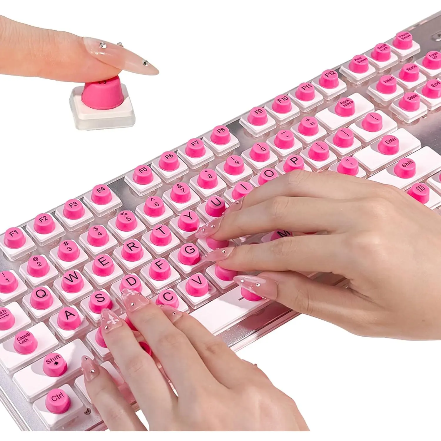L-KBB002 128 Pcs Food-Grade Silicone Full Key Keyboard Stickers, Easy-to-Install for Long Nails, Upgraded Adhesive (No Bubbles) for Desktop & Gaming Keyboards, Office Accessory Gift for Classmates & Colleagues (Pink)