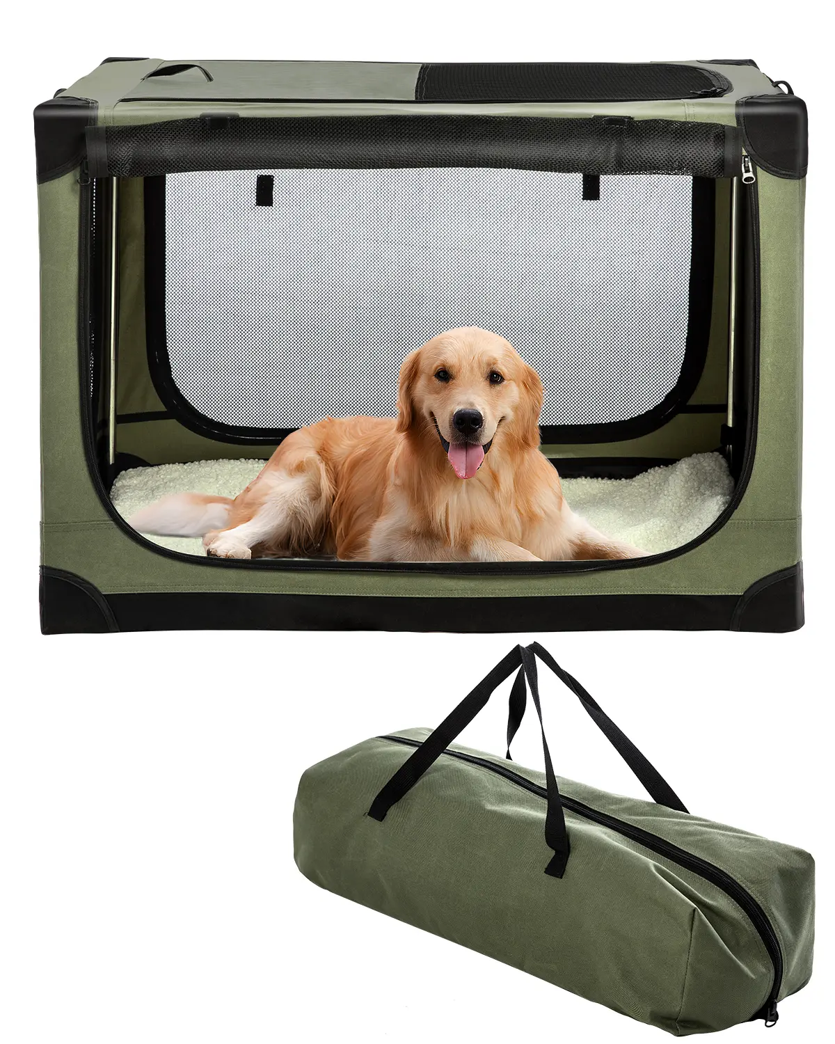 Collapsible Travel Dog Crate - 4-Door Foldable Portable Soft Kennel for Medium-Large Pets Up to 60 lbs, Durable Mesh, 4 Doors Make Exits Simple, Chewproof View, Quick Fold & Go, Storage Bag, Green/Black/Grey Animal Carrier