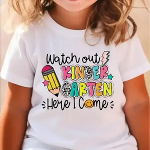 Toddle Girl's T-shirt, Pencil Pattern, Printed And Watch Out Kindergarten Here I Come With Letters, Soft And Versatile Round Neck, Short Sleeves