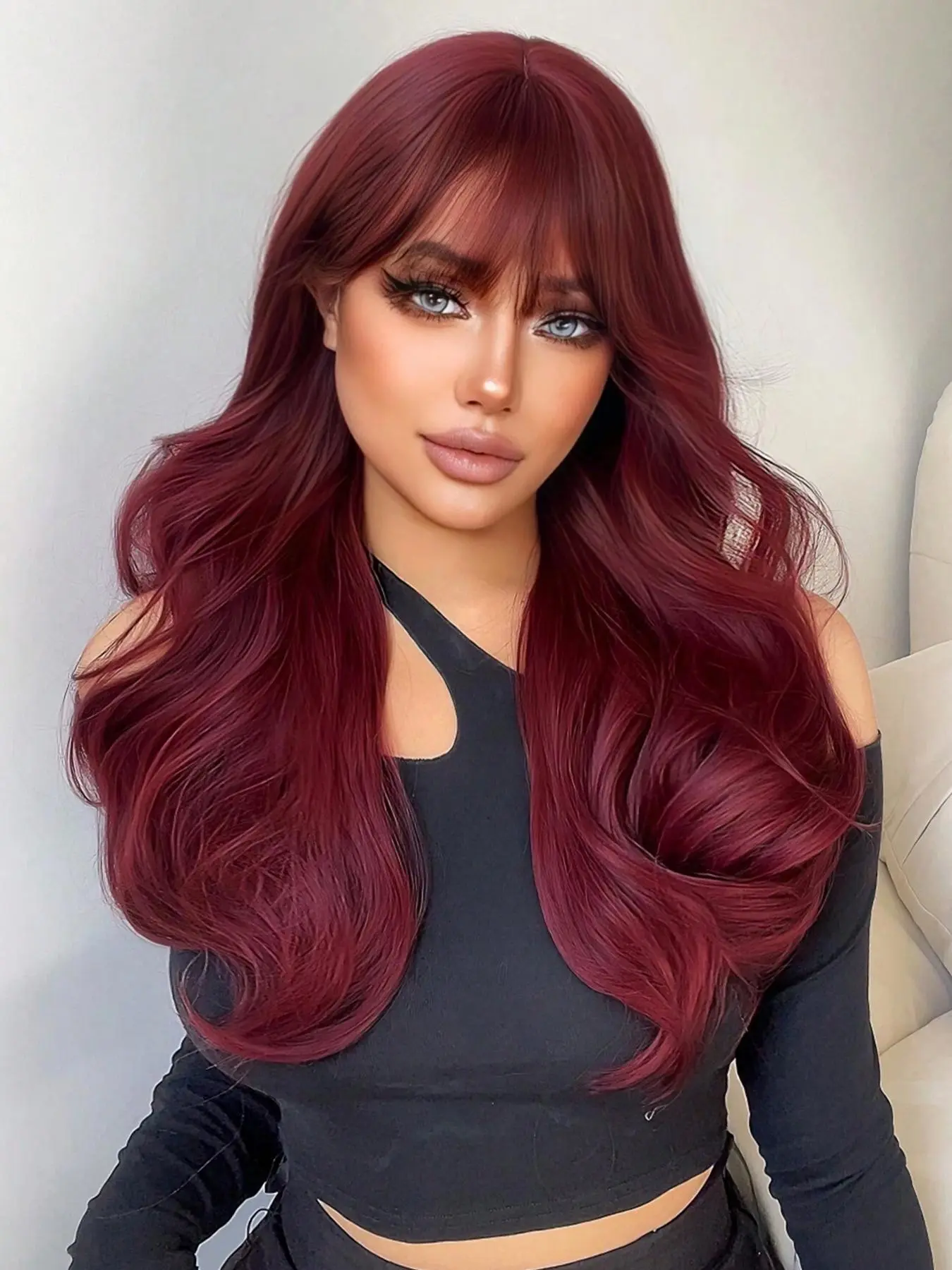 24 Inch Burgundy Long Curly Wigs, Wavy Synthetic Hair Wig with Bangs, Gorgeous Fluffy Wigs for Women, Heat Resistant Synthetic Full Machine Wigs for Party, Daily Use, Fluffy Wave Wig