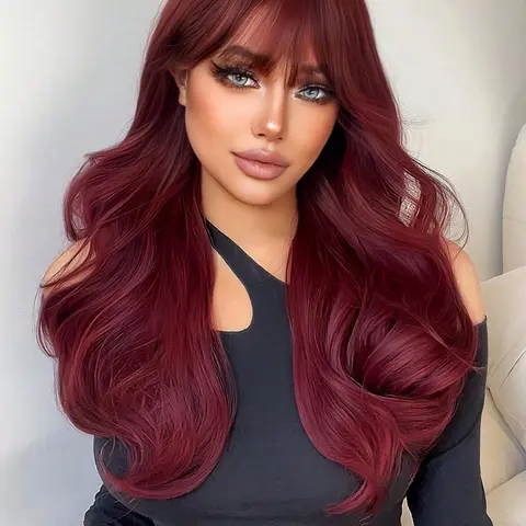 24 Inch Burgundy Long Curly Wigs, Wavy with Bangs, Gorgeous Fluffy Wigs for Women, Heat Resistant Synthetic Full Machine Wigs for Party, Daily Use, Fluffy Wave Wig, Synthetic Material Wigs