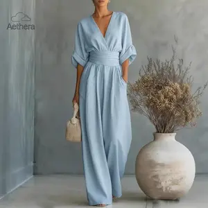 2026 Spring Summer Women's Elegant V-Neck Waisted Jumpsuit 2026 Spring Summer Women's Elegant V-Neck Waisted Jumpsuit