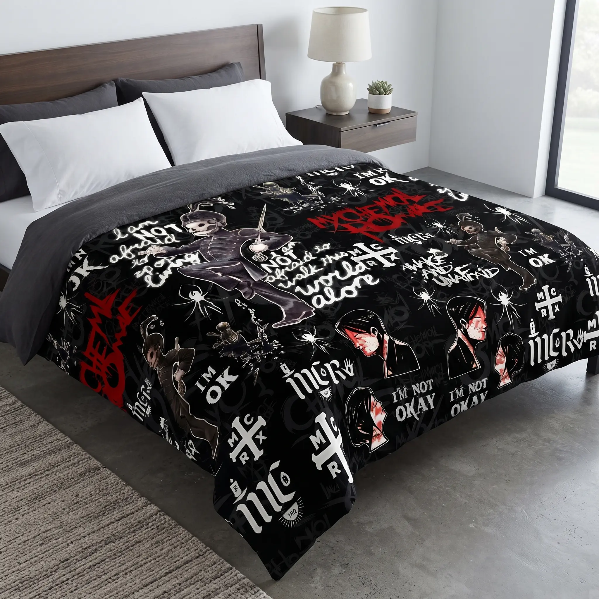 My Chemical Romance Band Wall Tapestry Soft Flannel Fabric Poster - Dark Emo Punk Rock Graphic Hanging Decor with "I'm Not Okay" Lyrics for Bedroom Dorm Living Room - Cool Music Fan Gift for Teens Men Women MCR Lovers - Sizes 30x40 40x50 50x60 60x80in