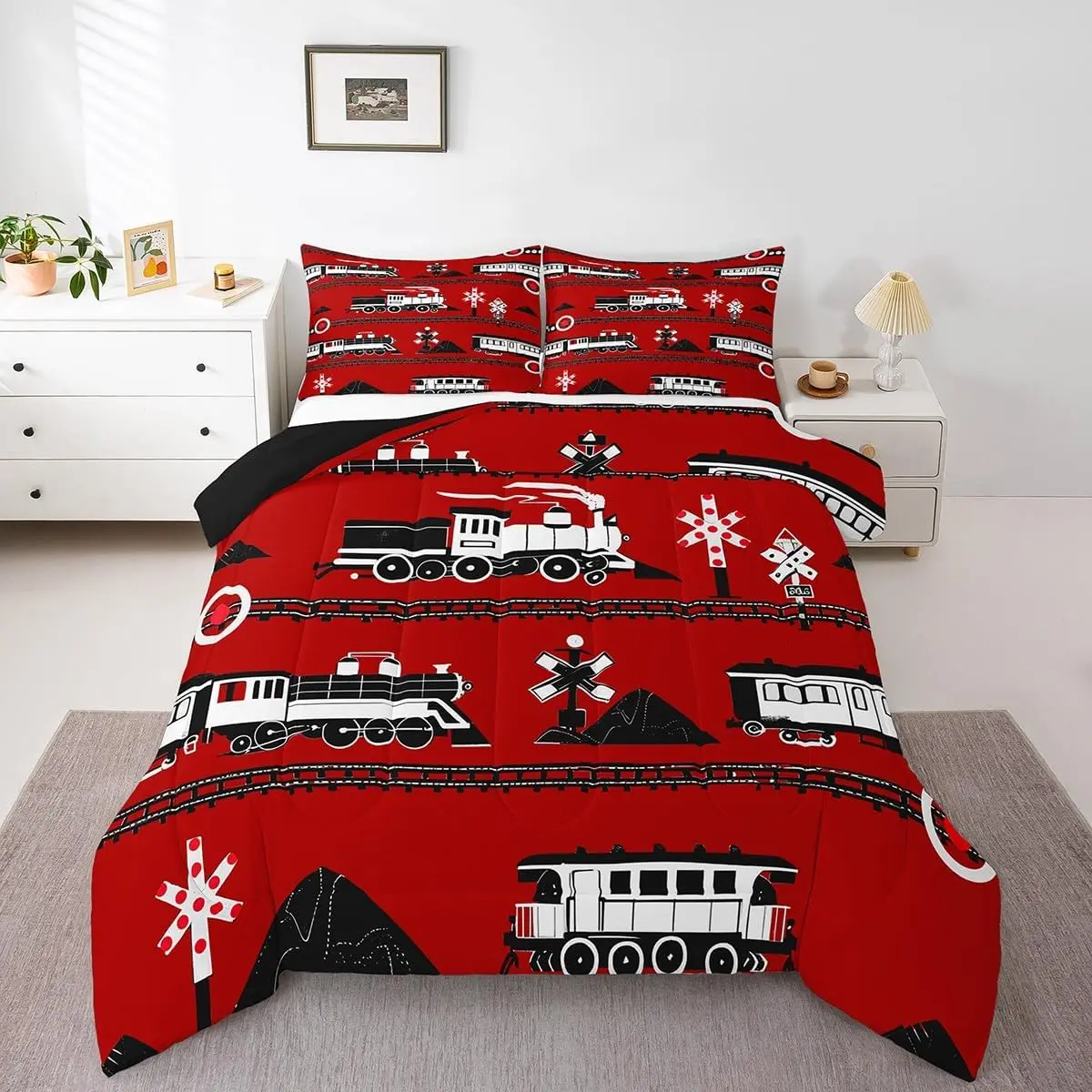 Feelyou Railway Theme Comforter Set - Comfy Bedding Set with Breathable Soft Polyester Fibers, Cartoon Tracks, Vintage Steam Train Decor, Multi-Size Quilt, Travel-Friendly Blanket; Includes Pieces for a Cozy Setup, Set Includes