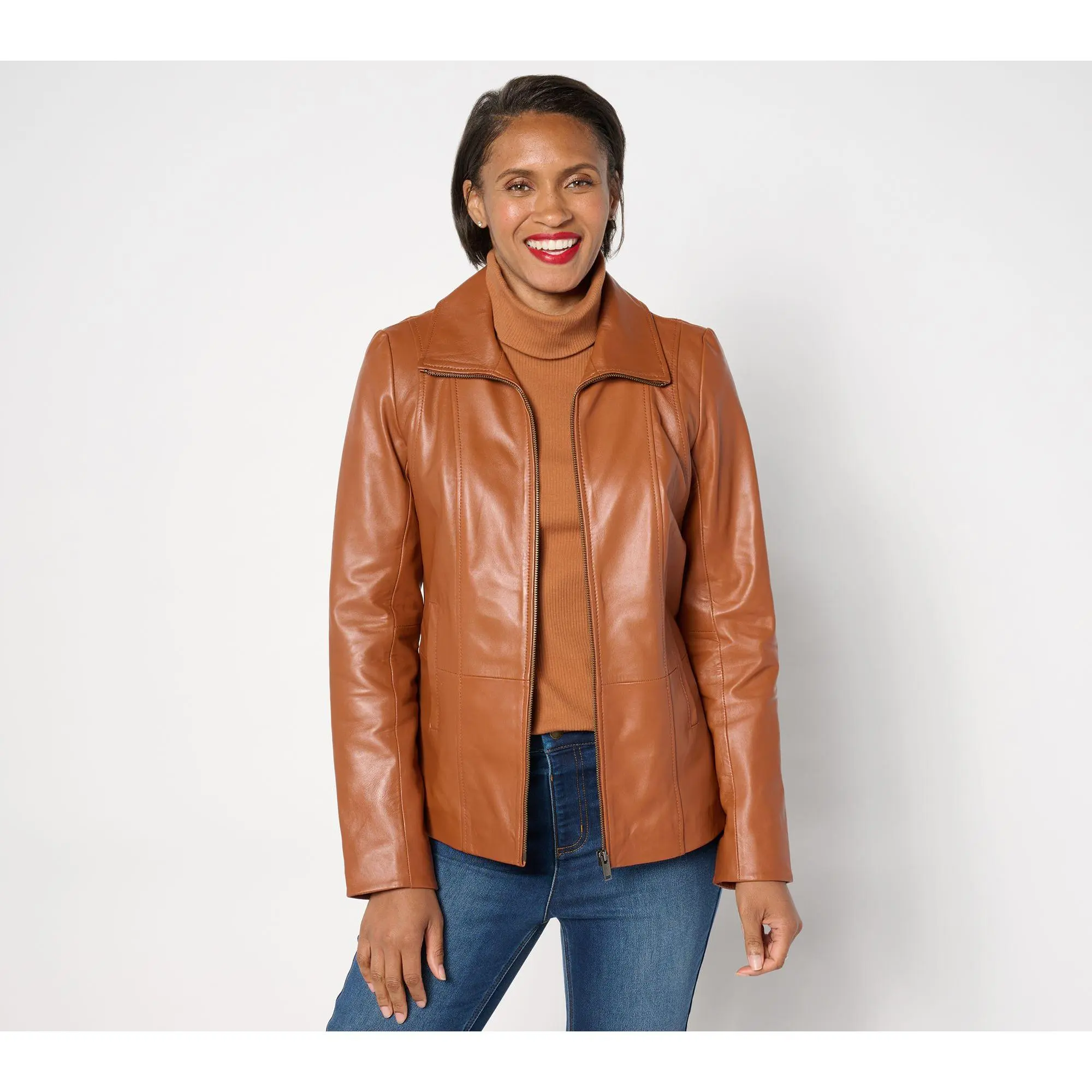 Denim & Co. Lamb Leather Zip Front Seamed Jacket with Pockets Denim & Co. Lamb Leather Zip Front Seamed Jacket with Pockets