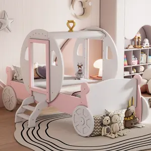 [Bellemave]Twin size Princess Carriage Bed with Crown ,Wood Platform Car Bed with Stair,White+Pink (old sku HL000054AAK)