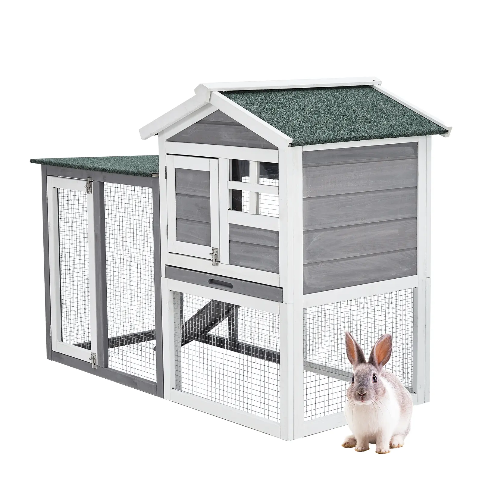 Spacious 48" 2-Tier Wooden Rabbit Hutch for Small Animals, Leak-Proof Pull-Out Tray for Easy Clean, Weatherproof Roof & Lockable Doors, Indoor Outdoor Rabbit House for Guinea Pigs, Bunnies & Chickens, Multi-Functional Large Pet Cage, Natural