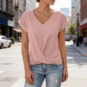 2026 Summer New Fashion Solid Color V-neck T-shirt Women's Elegant Short sleeved Top