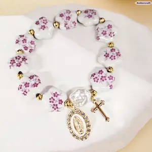 Vintage Floral Bracelet for Women, Blue and White Porcelain Style Statement Bracelet, Retro Boho Metal Jewelry with Flower Charm, Elegant Everyday Bracelet for Party, Gift, Vacation and Daily Wear