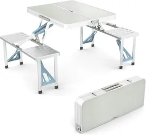 4Ft Folding Camping Picnic Table with Seats/Umbrella Hole-265 Lbs Support That Lightweight and Fold Up Card Suitcase Table Aluminu