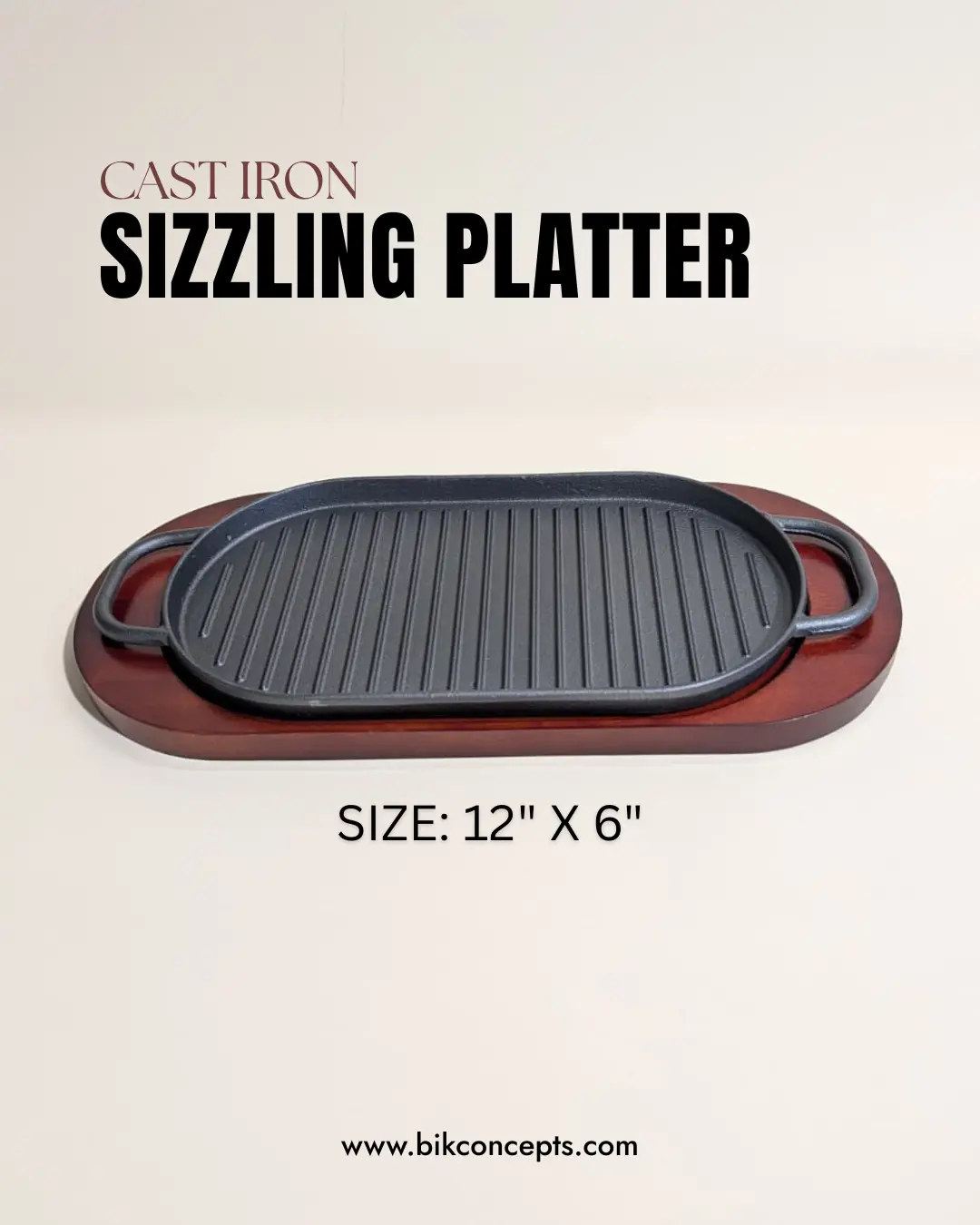 Thick 12" Cast Iron Sizzling Platter - Oval Steak Serving Plate with Wooden Bamboo Base, Oven-Safe for Food Service