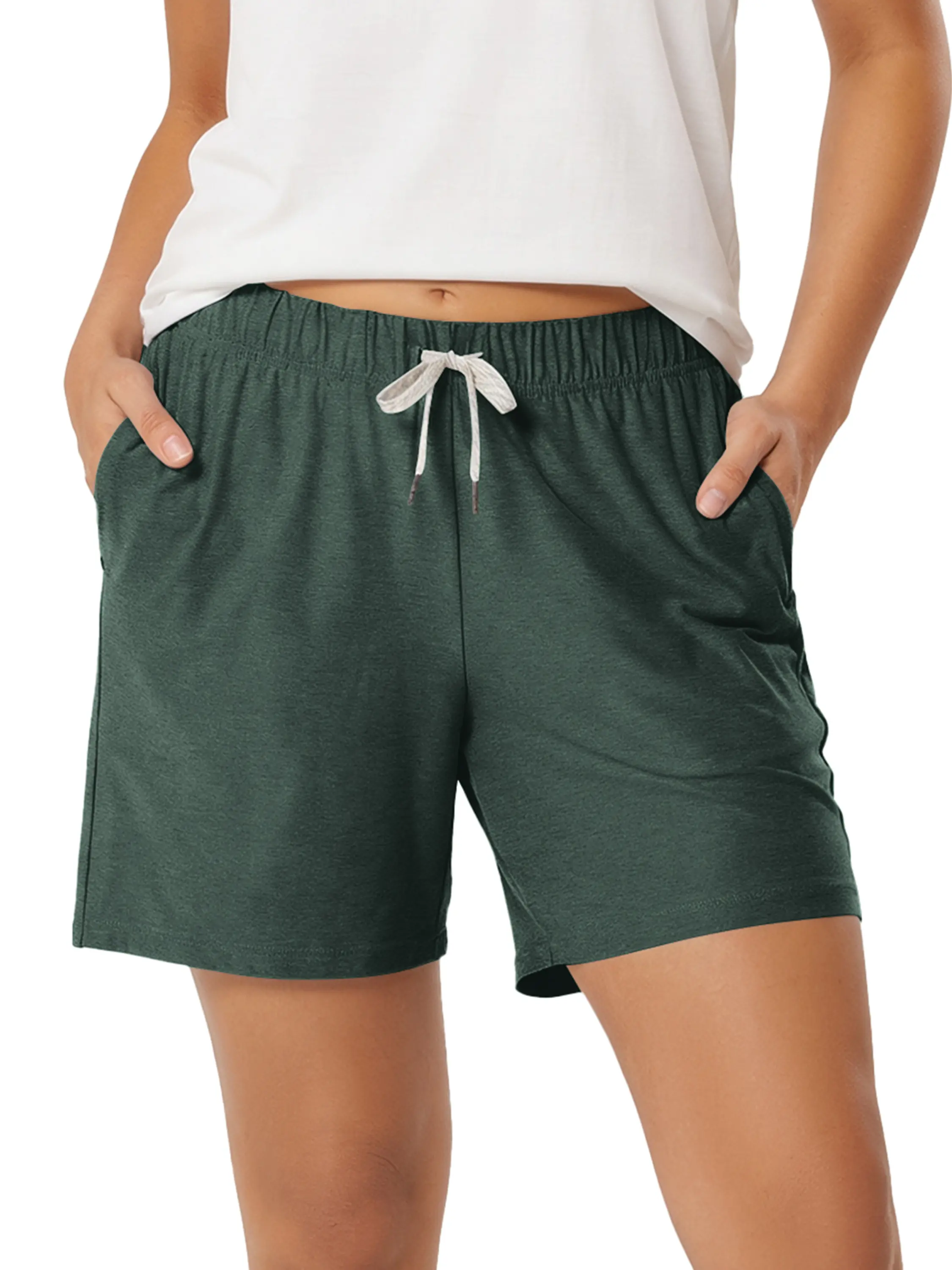 ODODOS Lady's odSTRATUM Tech Jersey Shorts, Top-Bottom Everyday Basic, Lightweight Relaxed Fit High Waist Loungewear with Pockets, 5" Inseam, Sun Protection, Drawstring Womenswear Fabric