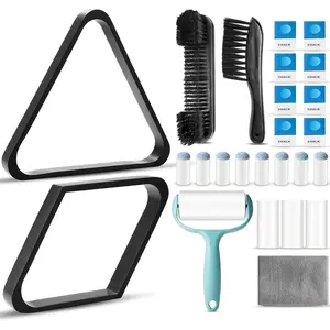 22 Pcs Pool Table Brush Set Wooden Billiard Rack 8 or 9 Ball Triangle Diamond for 2-1/4" Pool Ball with Polish Cloth Sticky Lint Roller Cue Chalk Cube Accessories