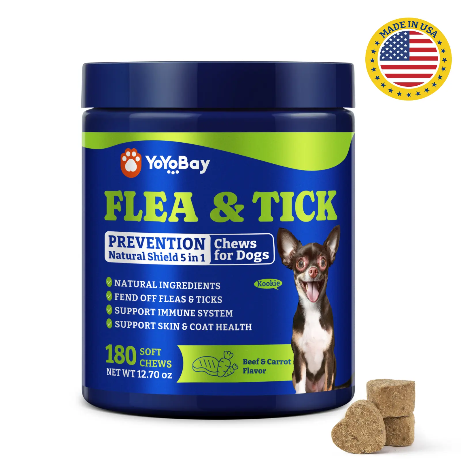 Flea & Tick Prevention for Dogs Chewables, YoYoBay Natural Dog Fleas and Ticks Control Supplement, Dogs Supplement, Natural Shield 5-in-1 Protection, Beef & Carrot Flavor, 180 Soft Chews #SummerVibes #petlovers