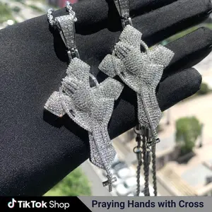 Praying Hands with Cross Chain Cubic Zirconia Pendant Necklace Hip Hop Jewelry Unisex Men Women Gift Daily Wear Christian Decor