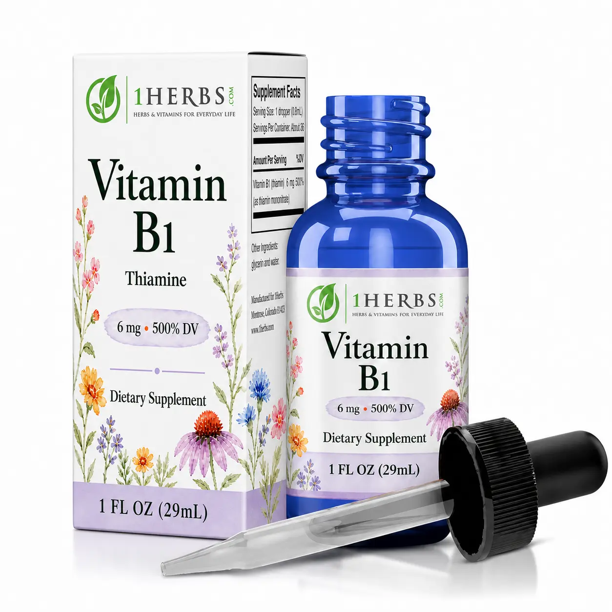 1Herbs Liquid Vitamin B1 Thiamine Drops, 6 mg per Serving, Alcohol-Free Vegan B1 Supplement, 1 fl oz