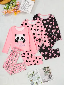 3 Sets Cartoon Panda Long Sleeve and Pants Set for Kids, Soft Stretch Fabric, Girls Cozy Winter Loungewear, Cartoon Print Pajama