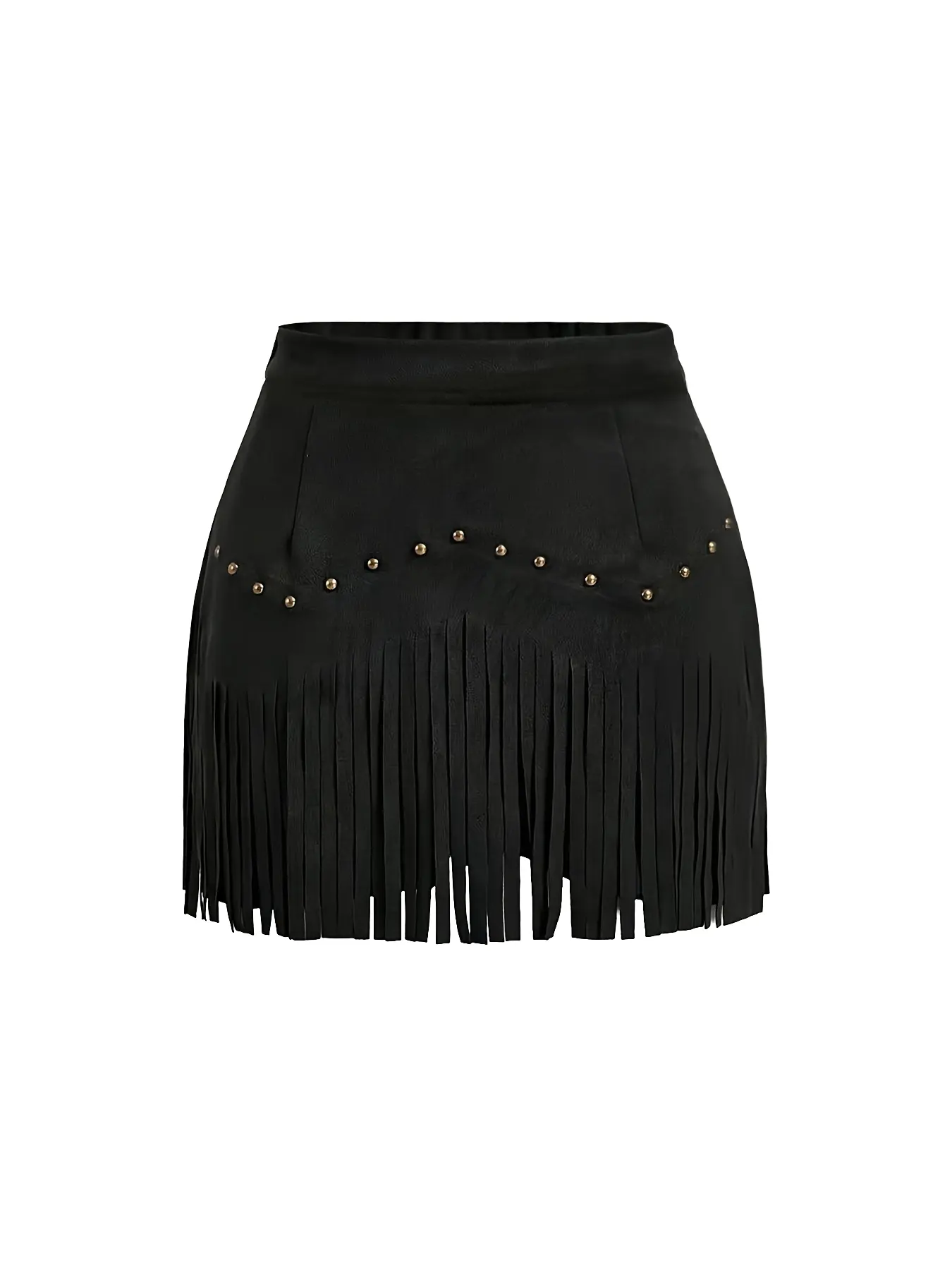 Women's Vintage Rivet Fringe Trim Skirt, Anti-Slip Lining, Elegant High Waist Dress for Spring & Fall Fashion, Black Solid Drop Waist Skirt