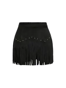 Women's Vintage Rivet Fringe Trim Skirt, Anti-Slip Lining, Elegant High Waist Dress for Spring & Fall Fashion