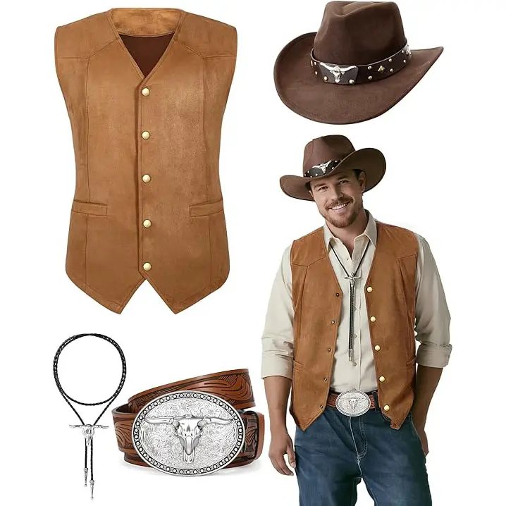 BELTROAD Men's Western Cowboy Vest, 4-Piece Menswear Costume Set with Hat, Belt & Bolo Tie for Parties & Halloween Costume Ideas, Halloween Ideas, Party