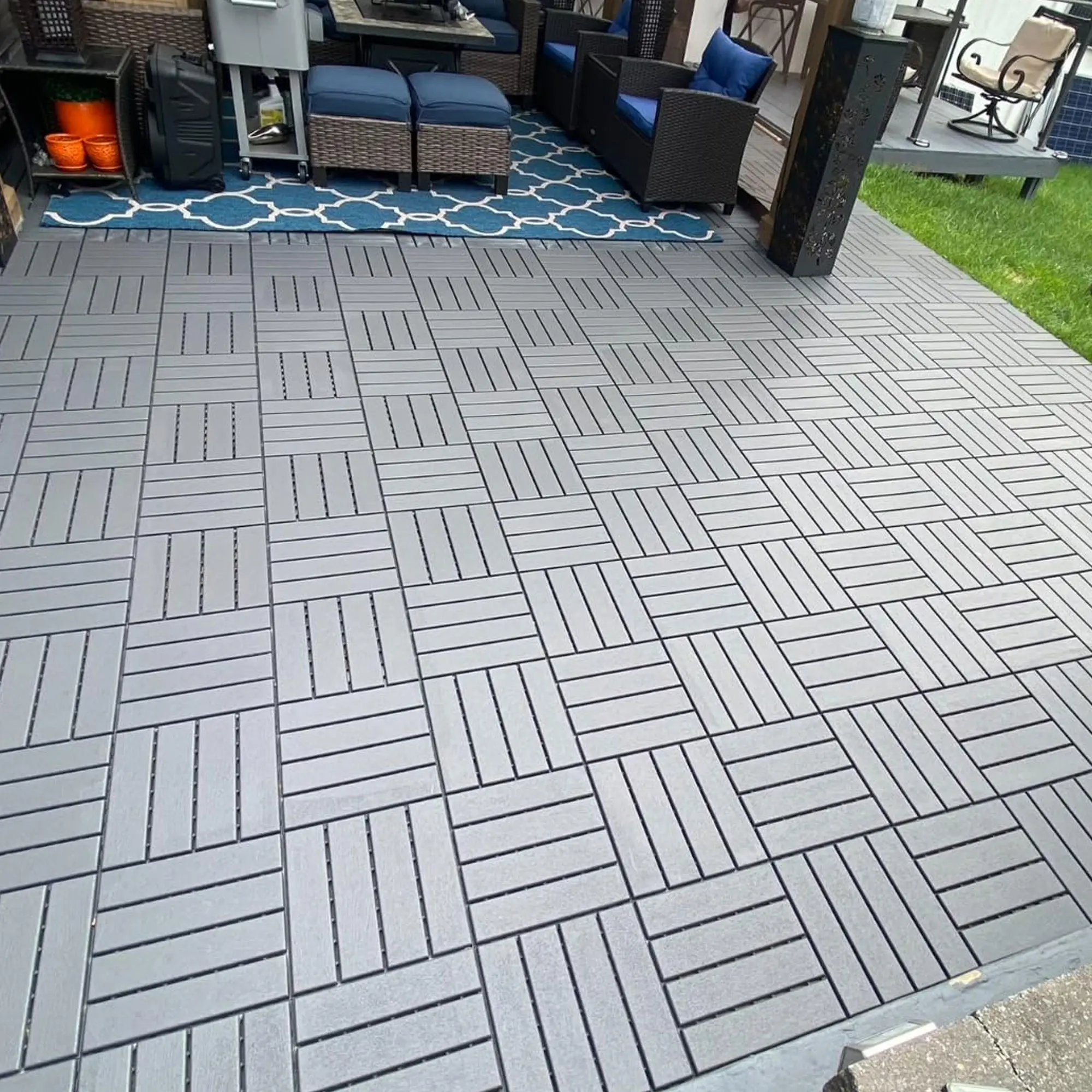 44-Pack Interlocking Plastic Click-Parquet Deck Tiles, 12"x12" Heavy-Duty Stable Patio Pavers, Waterproof Non-Slip Snap-Together Outdoor Flooring with 3 Drainage Ports for Balcony, Easy to Clean
