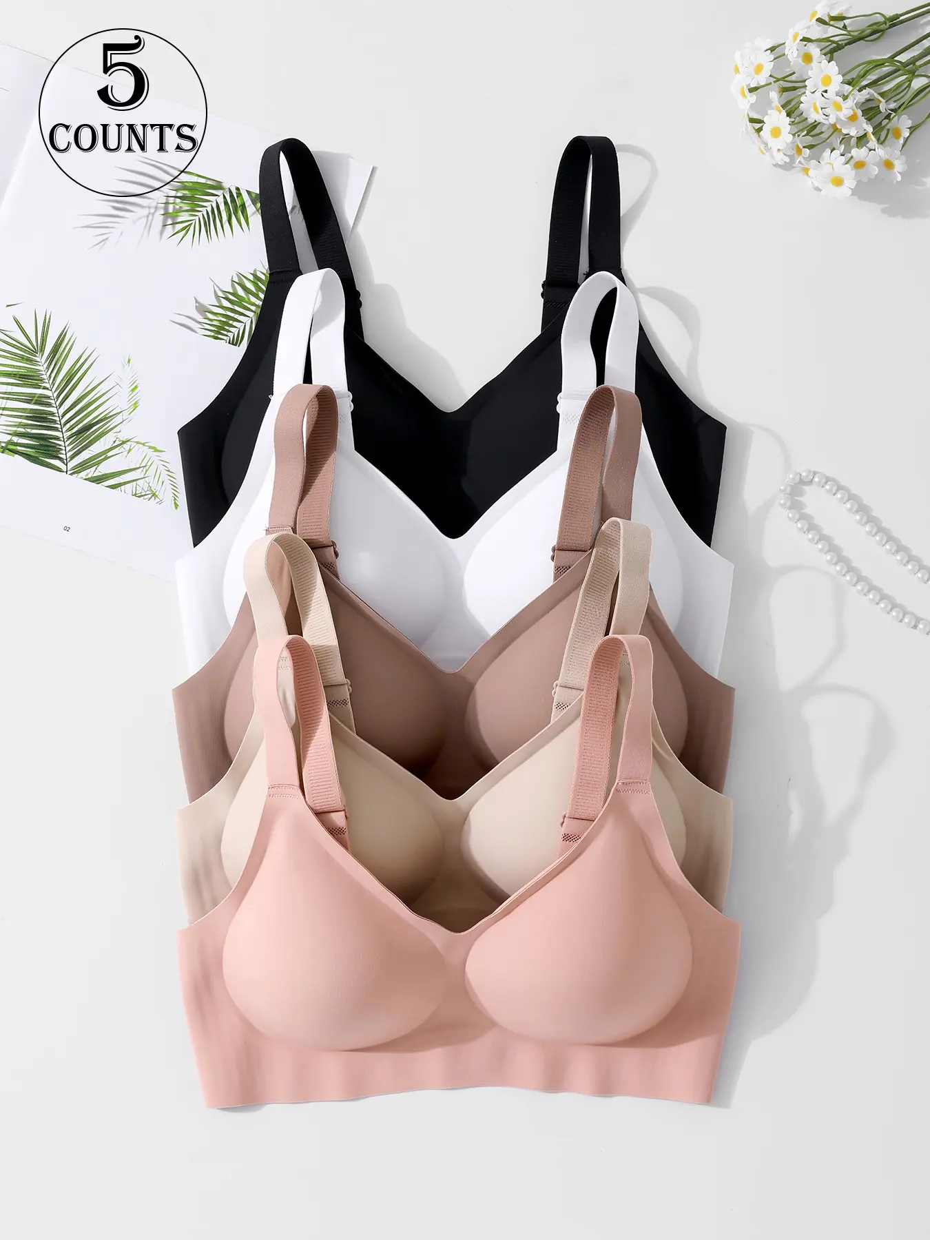 5 pieces/6 colors, Seamless, Smooth, Underwire-free bra, Lingerie, Underwear, Womenswear, Four rows three buttons, XS-XL size, Adjustable shoulder straps, casual daily wear, everyday, parties, yoga, Comfortable, breathable, skin-friendly, Fit, Pack Bras