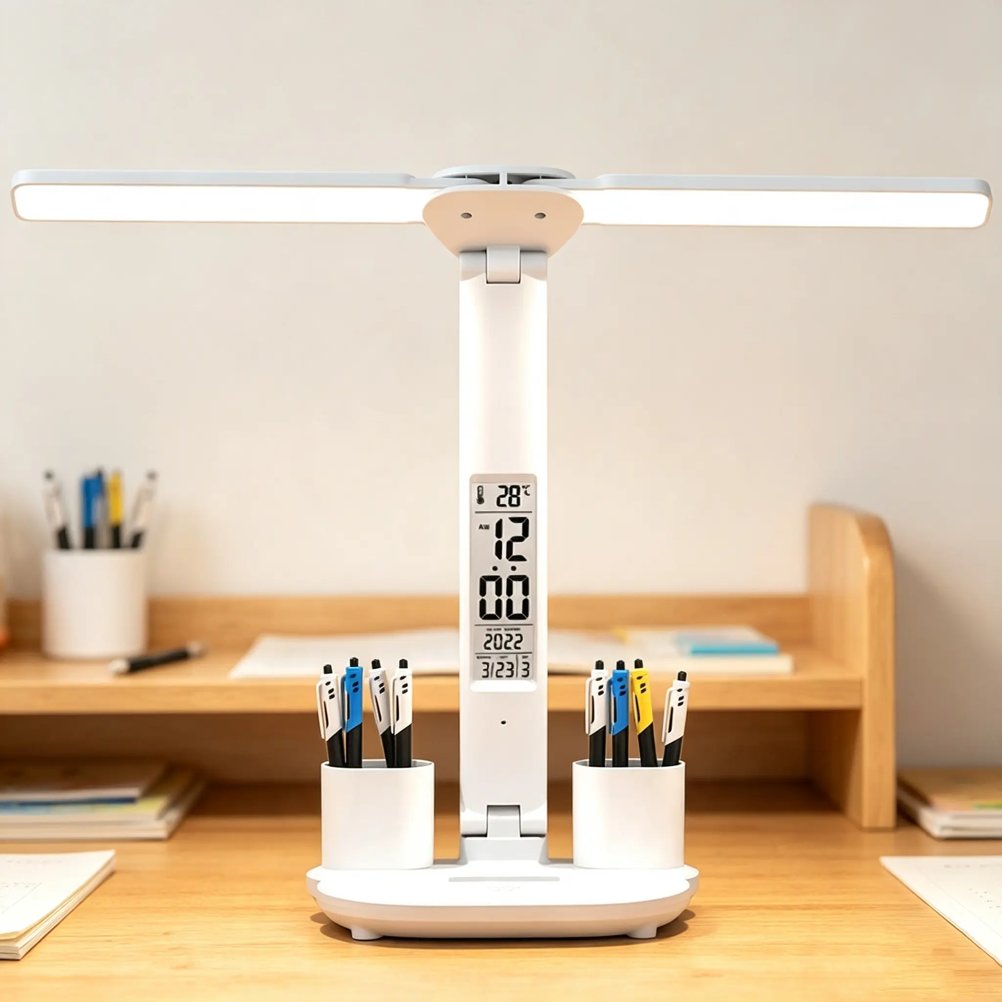 Double Head LED Desk Lamp - 3200mAh Rechargeable Battery, Folding Design, LCD Display Clock with °C Temperature, Dimmable Eye-Caring Light with Pen Holder for Office, Home