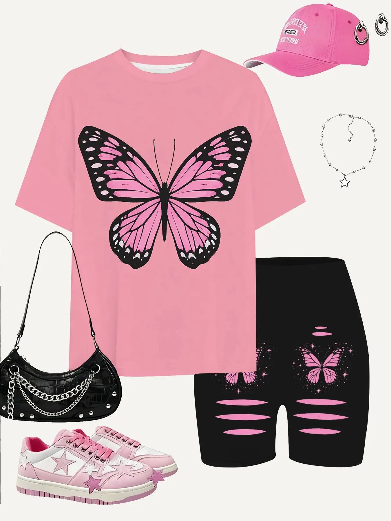 Dopamine Girls Pink Butterfly Print Short Sleeve Biker Shorts Set Summer Clothes Set Outfit Energetic Streetwear 2Pcs