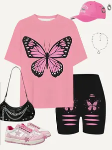 Dopamine Girls Pink Butterfly Print Short Sleeve Biker Shorts Set Summer Energetic Streetwear 2Pcs