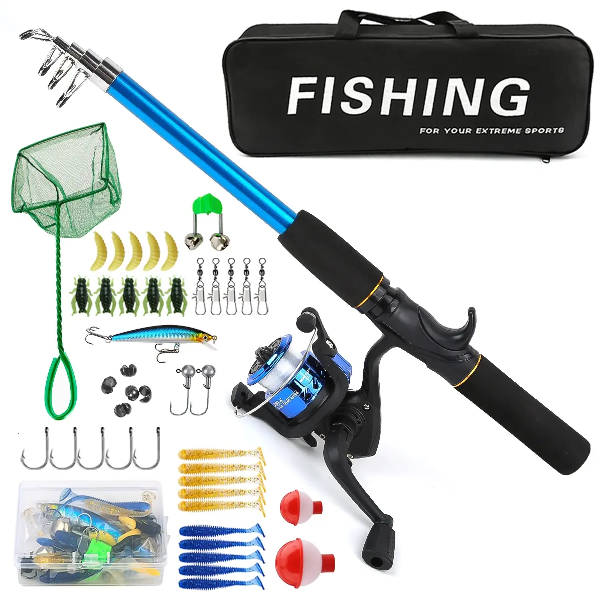 Fishing Rod Reel Set with Lure, Net, Storage Bag &, Lightweight Portable Gear for Beginners, Perfect Gift Choice, Fishing Tackle Kit, Fishing Equipment, Fishing Supplies, Fishing Bundle