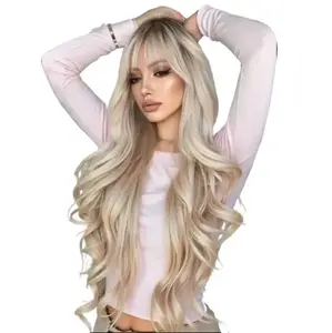 Platinum Blonde Long Curly Wig with Bangs for Women - Natural Appearance, Heat-Resistant Synthetic Hair, Full Head Coverage, Elegant and Versatile Style