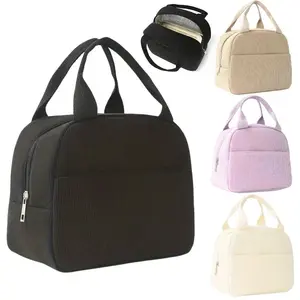 Reusable Thermal Insulated Bento Bag Embroidery Portable Corduroy Lunch Bag for Kid Ideal for Go To School/Travel Work Trips