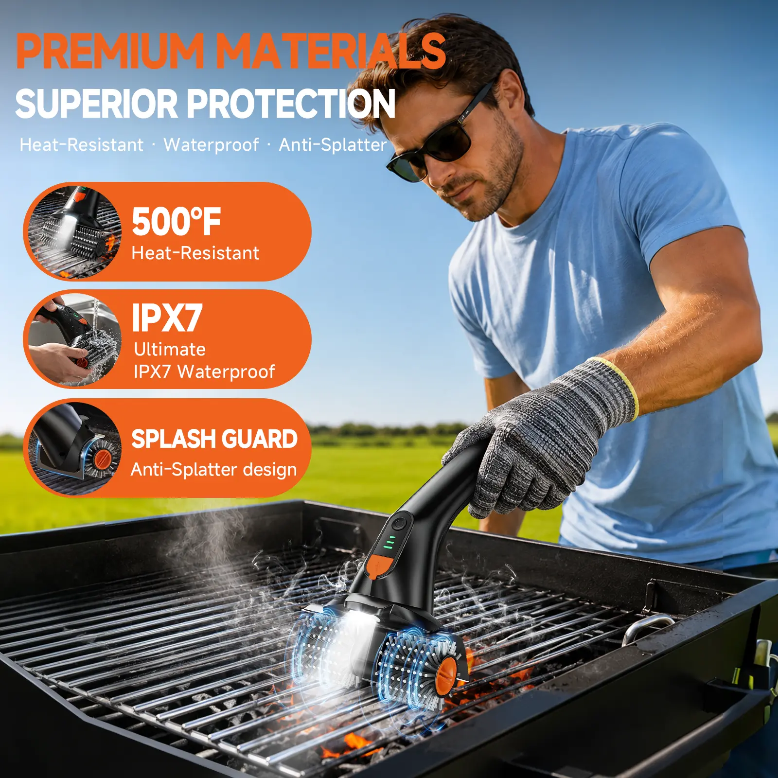 iFunSky Electric Grill Brush, Ultra-High 80W Power Dual-Head Cordless Rechargeable Grill Cleaner with 2.5H Fast Charge, Heat-Resistant, Waterproof, Anti-Splatter, Ergonomic Design BBQ Grill Brush,grill brush for outdoor grill,Grill Accessories
