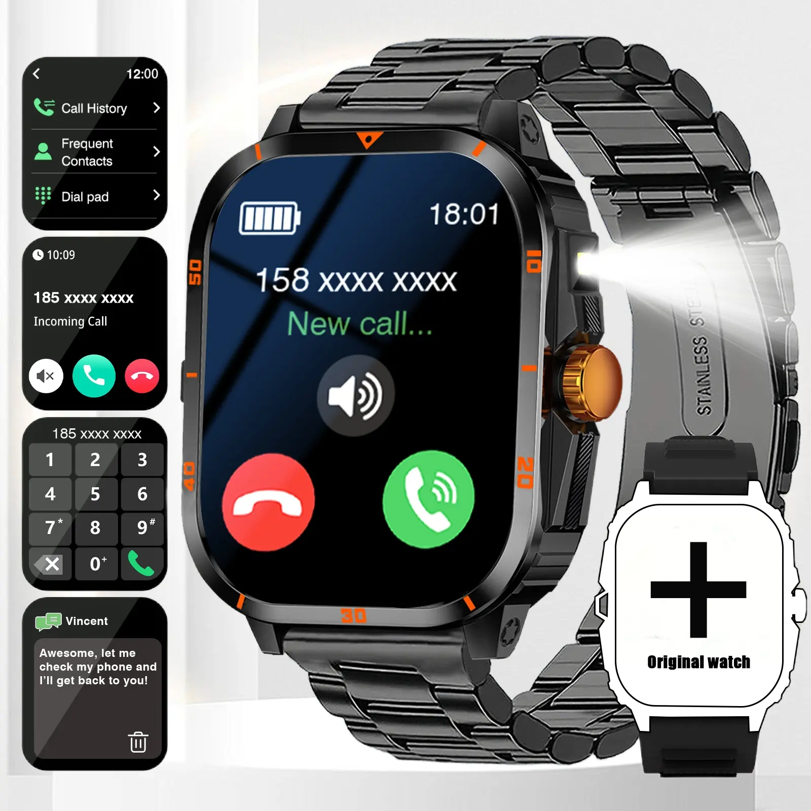 Multifunctional Active Smartwatch, Smart Wearable Devices, for Men and Women with LED Flashlight, Multiple Sports Modes, Training, Pedometer, Remote Photo Control, Sedentary Reminder, Wireless Calling, Music Playback, Compatible with Android and Iphone