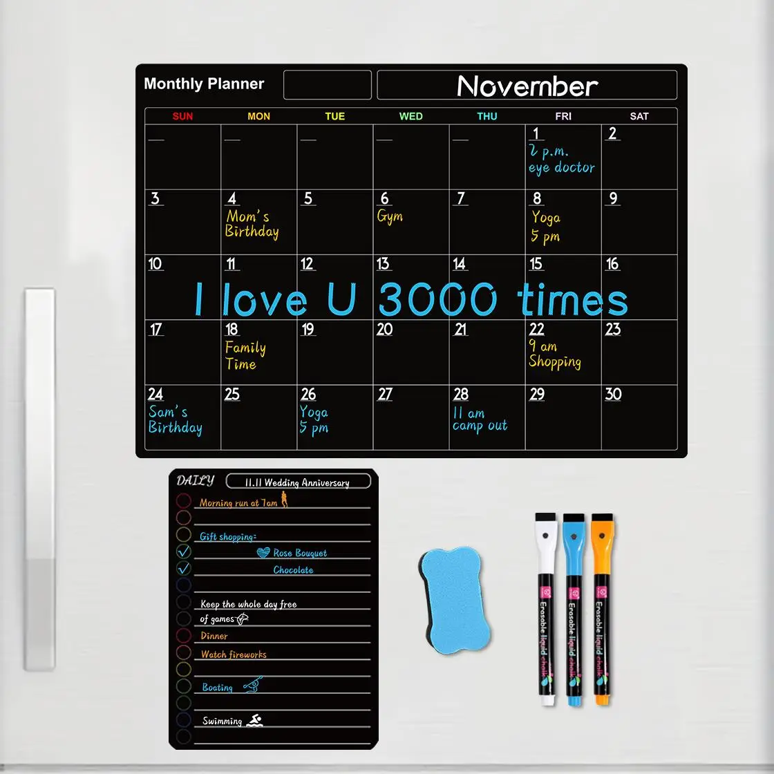 Magnetic Dry Erase Board Calendar Set, Monthly Daily Planner Calendar Black Board, Planning Writing Board for Kitchen Office Home Dormitory School
